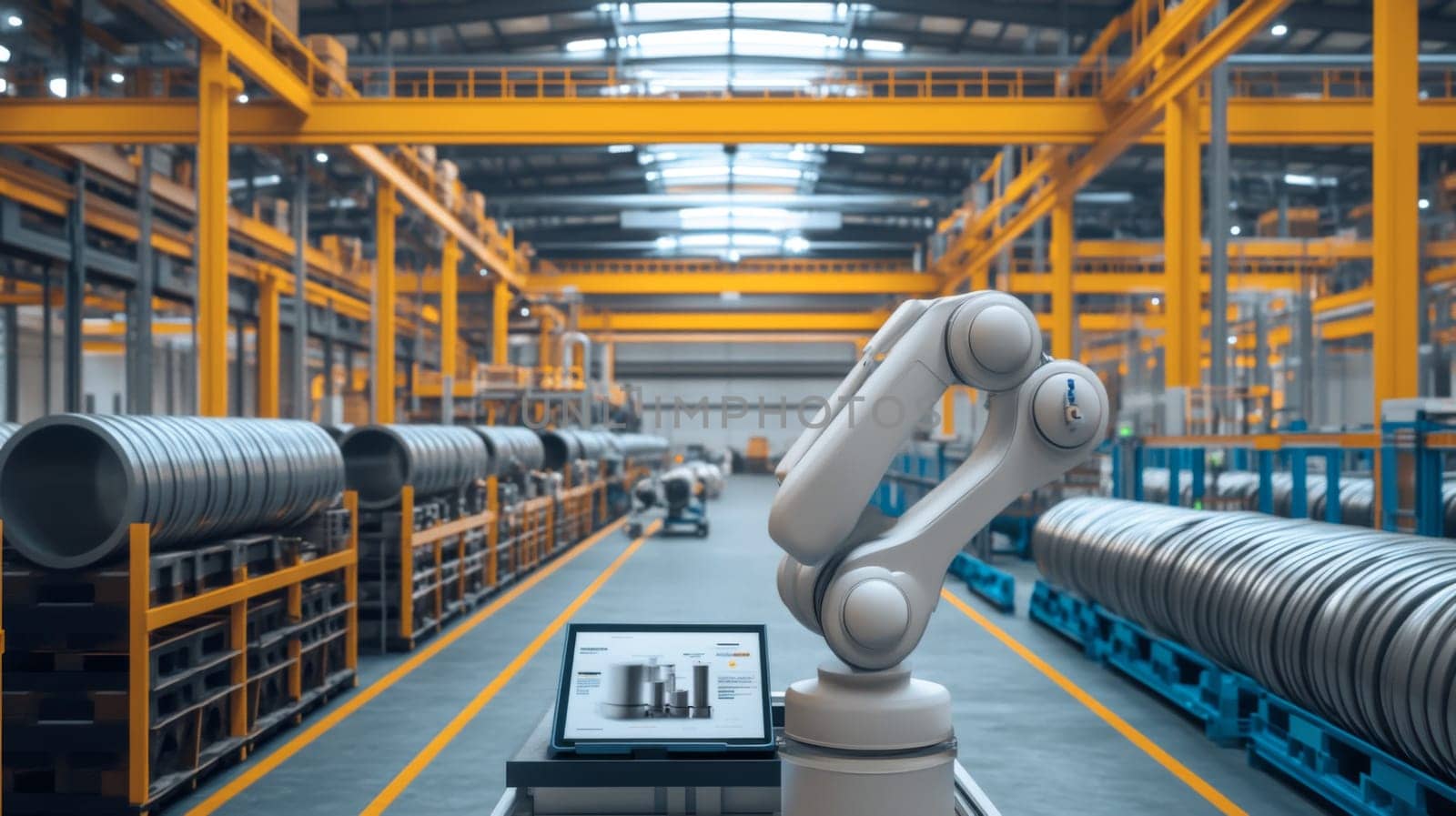 Robot analyzing data in futuristic metal products warehouse setting, concept of industrial future, AI Generated
