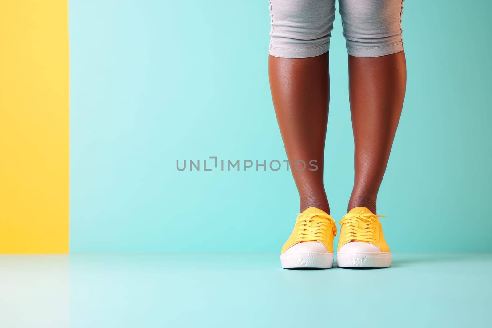 Legs of an athletic woman standing on color background, AI Generated