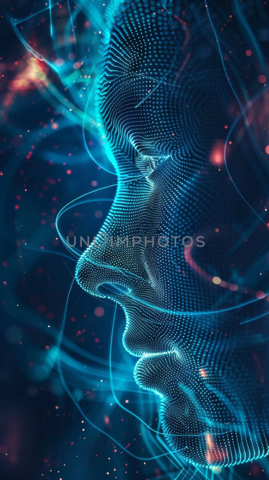 Human face with digital network pattern on dark background, authentication scanning concept, AI generated