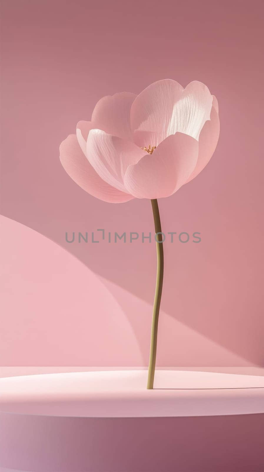 Pink flower on stem in soft pink background, minimalist floral concept, AI Generated