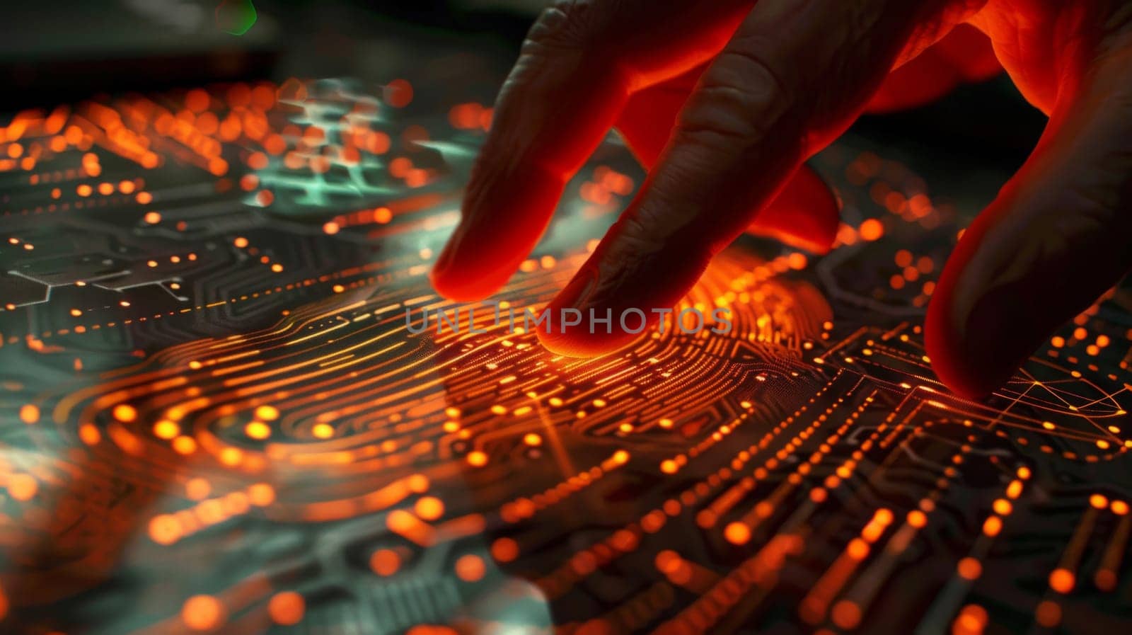 Finger touching digital fingerprint scanner on glowing virtual keyboard, identification concept, AI Generated