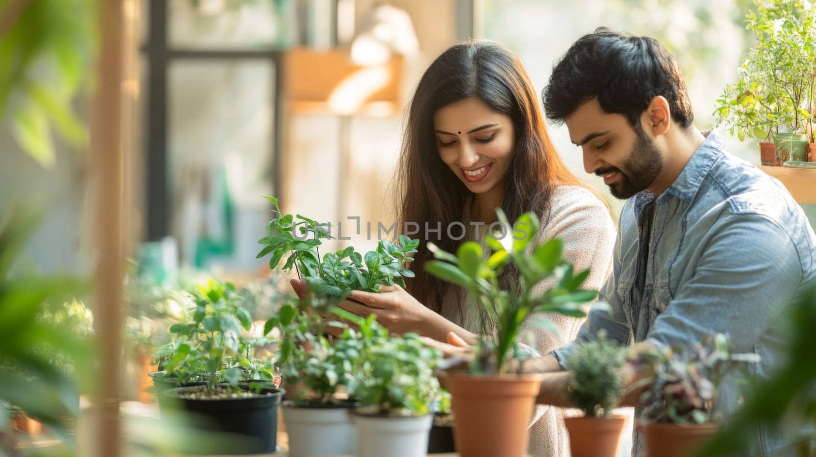 Couple caring houseplants at home. Indian young man and woman with green plants. AI Generated
