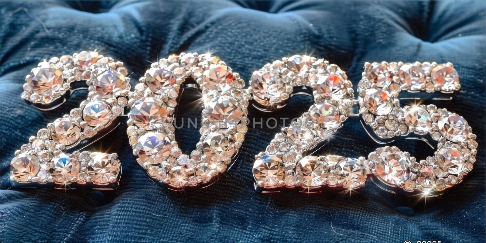 New Year 2025 numbers with diamonds on blue velvet fabric background, AI Generated