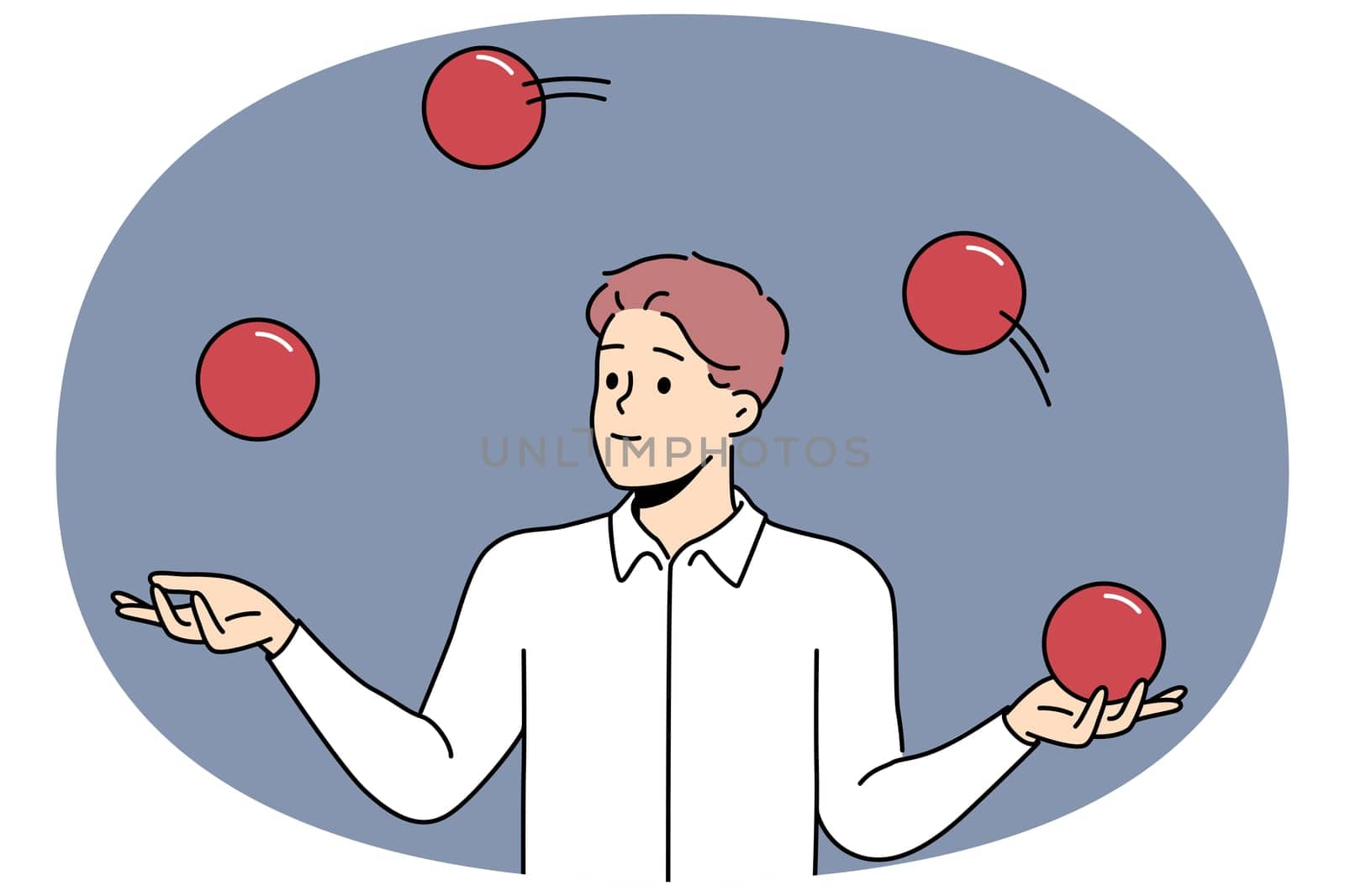 Business man juggles balls to demonstrate multitasking skills and ability to maintain balance. Guy juggles demonstrating interesting and amazing trick from repertoire of circus artists