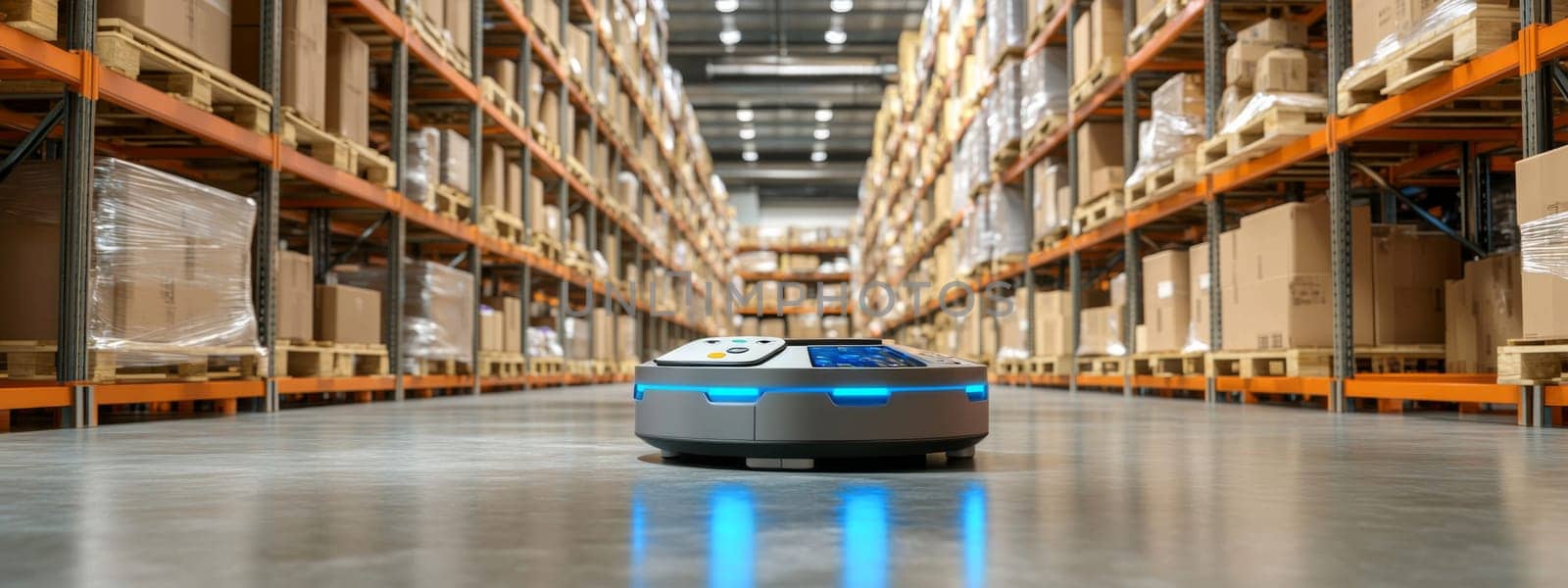 Robot holding tablet in warehouse filled with cardboard boxes, logistics technology concept, AI Generated