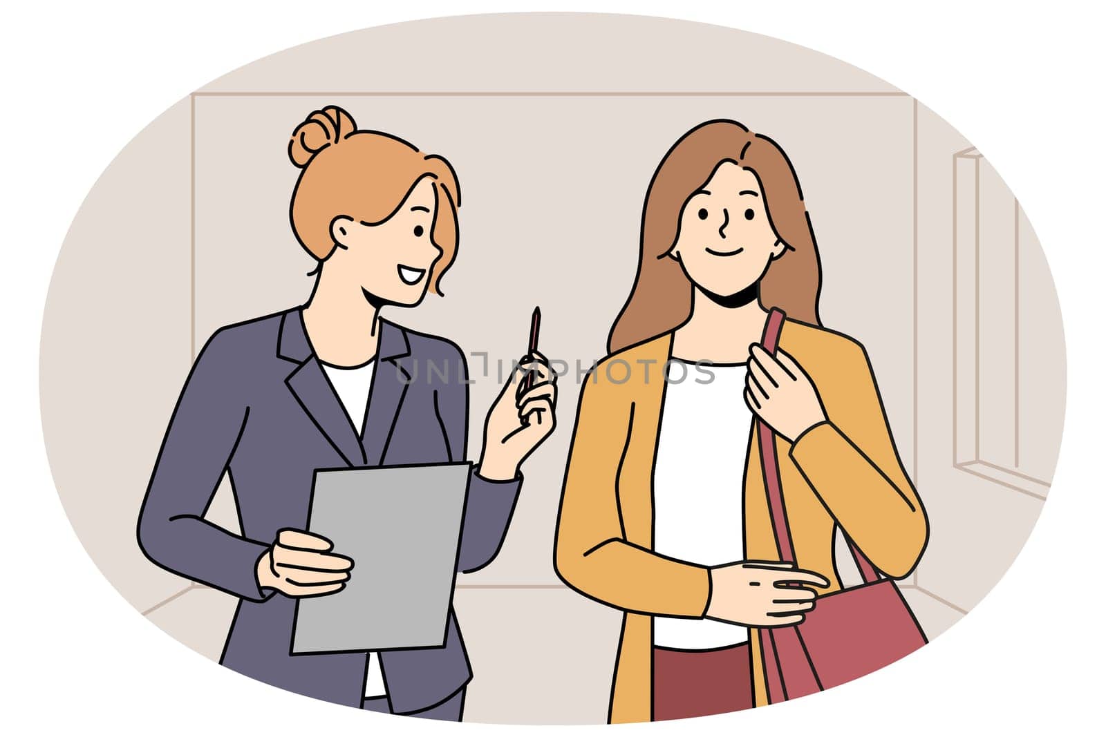 Woman real estate agent or realtor shows apartment to girl to client and offers conclude contract. Process showing house to realtor and entering into lease or sale agreement with mortgage