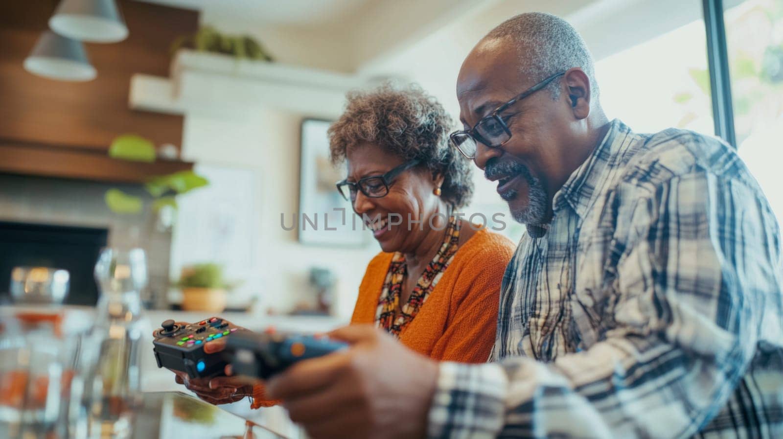 Elderly African American couple enjoying a video game at home, AI Generated