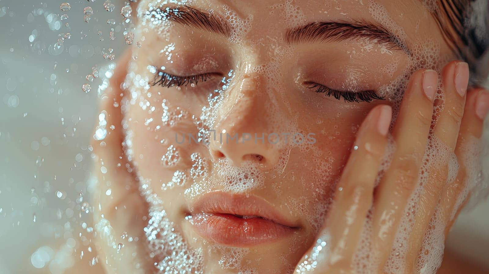 A detailed and realistic close-up of a woman performing her skincare routine in a serene, naturally lit setting. The image captures the essence of Scandinavian minimalism, emphasizing simplicity, natural beauty, and self-care, with soft lighting highlighting the textures of the skin in a relaxed environment. Perfect for promoting wellness, beauty, and self-care.