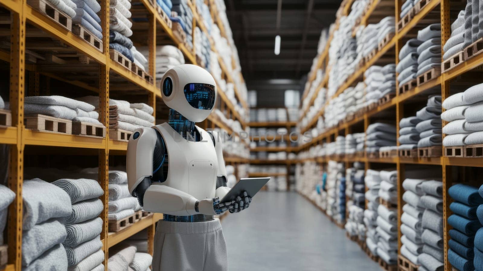 Robot in warehouse with shelves stocked with textile, concept of automation, AI generated