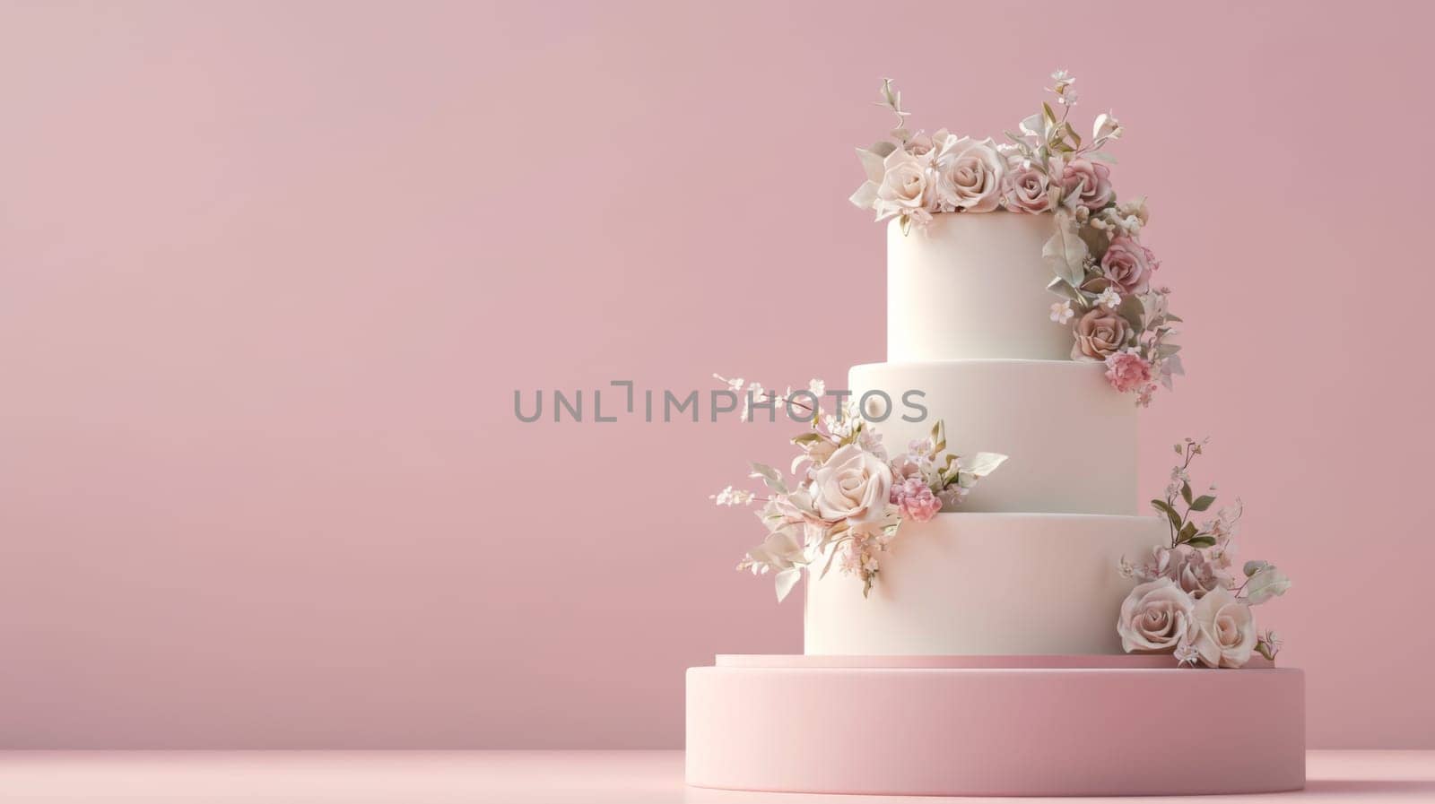 Wedding cake with beautiful flowers on solid pastel color background, copy space, AI Generated