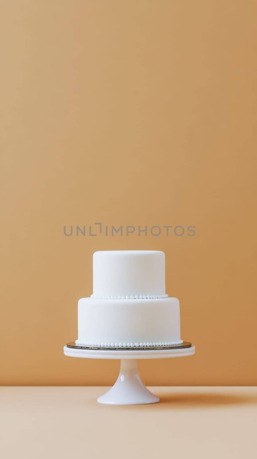 White minimalistic wedding cake on stand against light solid color background with copy space, AI Generated