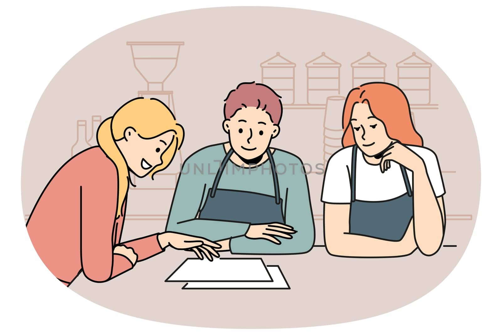 Cafe owners stand behind bar, consulting with professional female restaurateur and reading out business plan. Businesswoman holding meeting with cafe staff and discussing organizational issues.