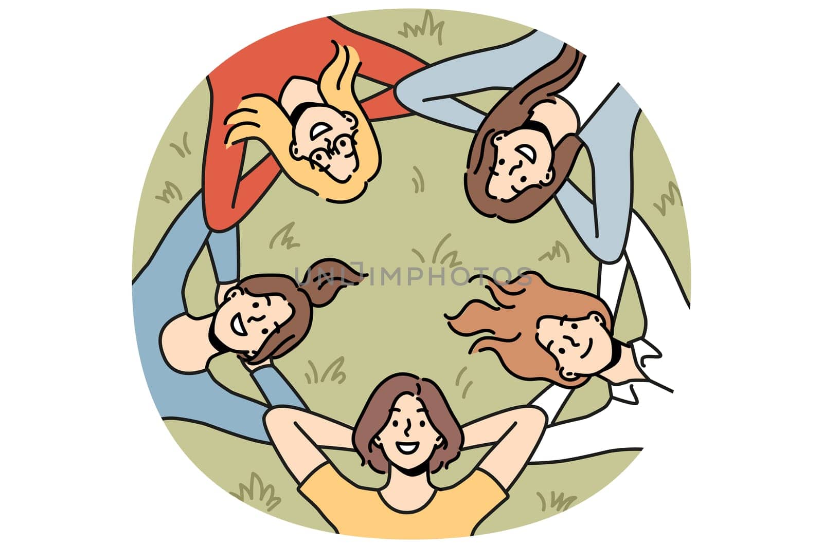 Group of girls lies on grass and looks up smiling enjoying vacation in park in hot summer weather. Friendship between young women relaxing in park after graduation from college from university