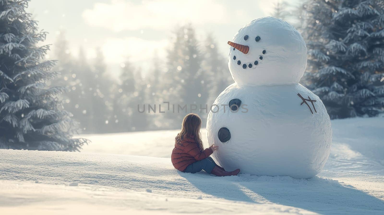 A heartwarming scene of a little girl sitting in the snow, building a massive and impressive snowman. Surrounded by a backdrop of fir trees and a bright, clear sky, the image captures the beauty of winter in a minimalist, realistic style. The weather is calm and pleasant, emphasizing the joyful simplicity of this winter moment.