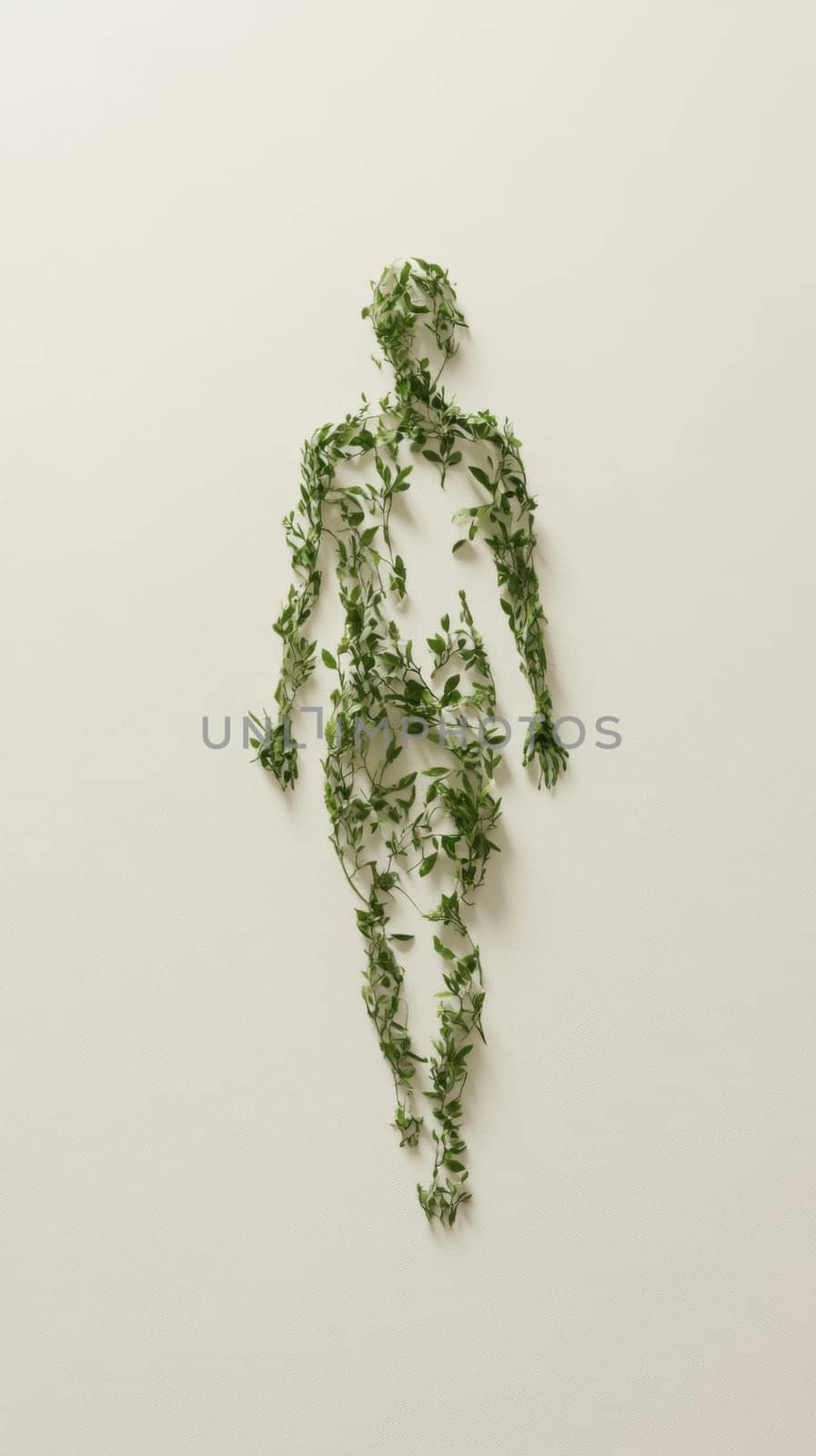 Human figure made of green leaves on plain background, concept of nature and ecology, AI Generated