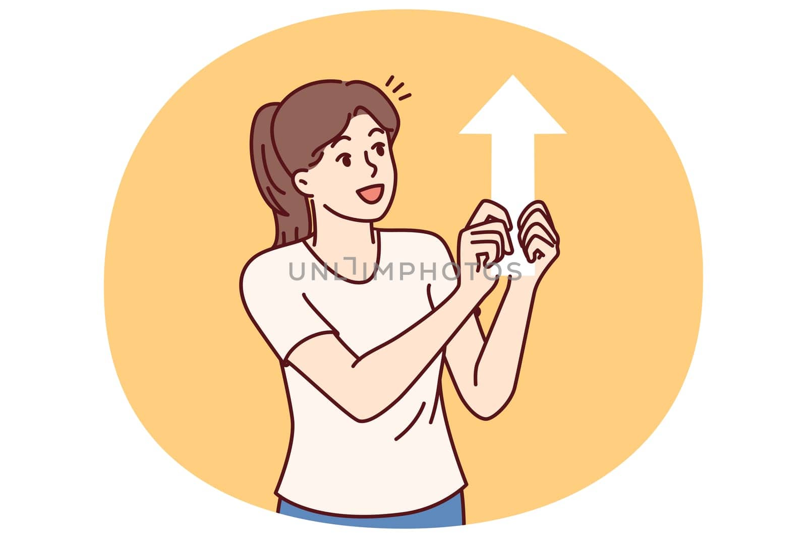 Happy woman with arrow pointing up, symbolizing ambition and striving for professional growth. Girl smiling demonstrates ambition or desire to gain new knowledge and quality education