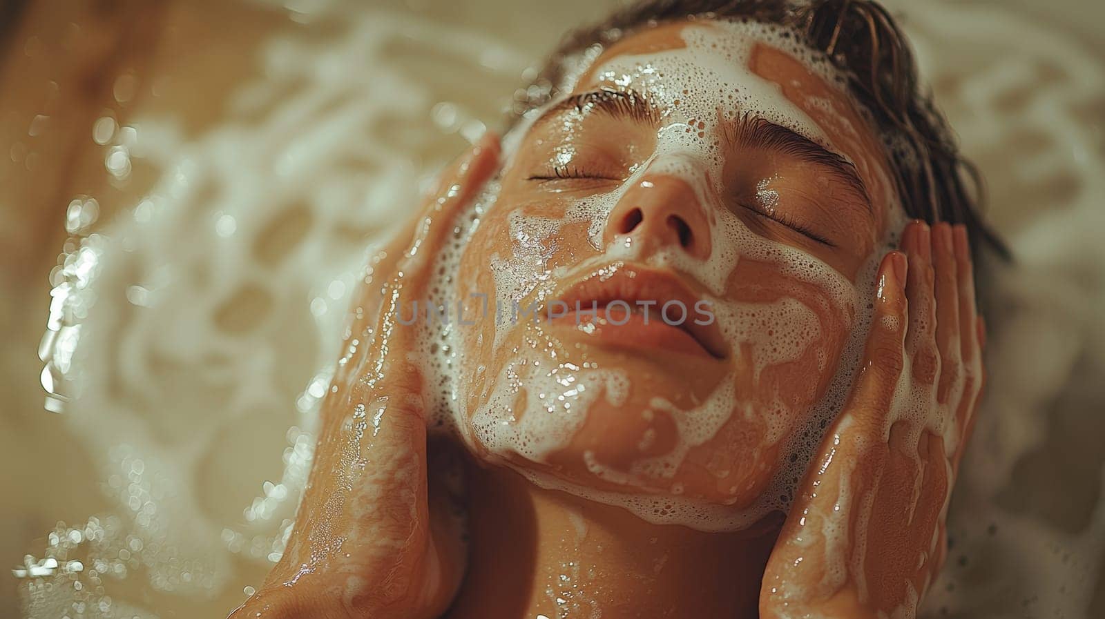 A detailed and realistic close-up of a woman performing her skincare routine in a serene, naturally lit setting. The image captures the essence of Scandinavian minimalism, emphasizing simplicity, natural beauty, and self-care, with soft lighting highlighting the textures of the skin in a relaxed environment. Perfect for promoting wellness, beauty, and self-care.