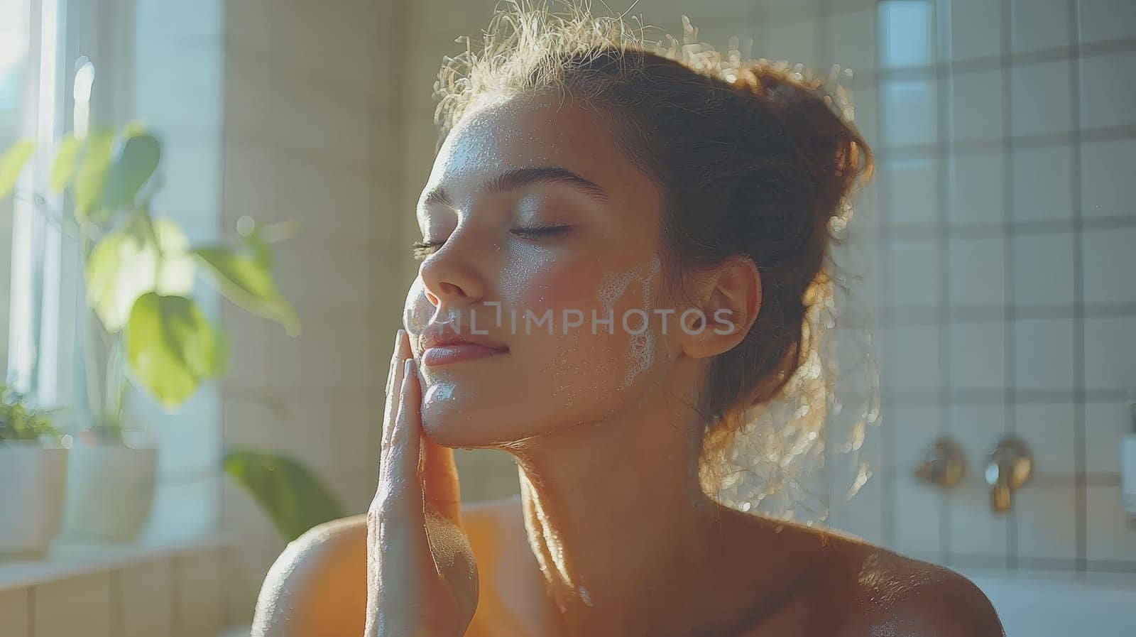 A detailed and realistic close-up of a woman performing her skincare routine in a serene, naturally lit setting. The image captures the essence of Scandinavian minimalism, emphasizing simplicity, natural beauty, and self-care, with soft lighting highlighting the textures of the skin in a relaxed environment. Perfect for promoting wellness, beauty, and self-care.