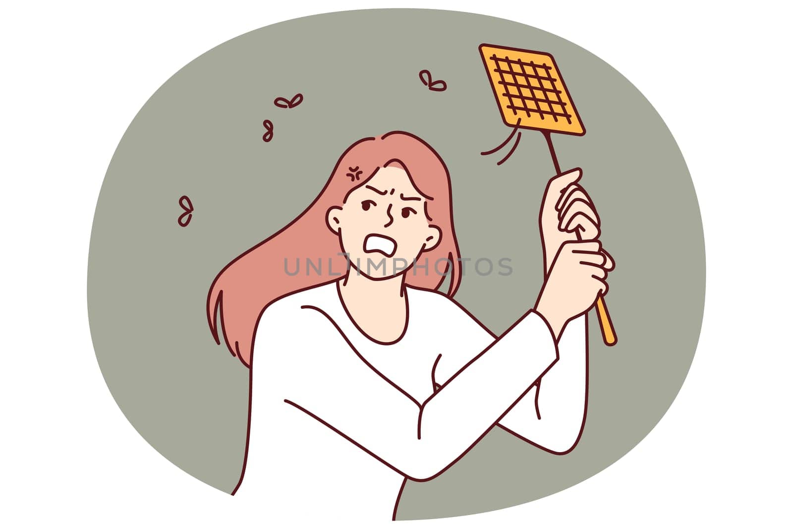 Angry woman kills mosquitoes using swatter feeling irritated due to insects disturbing sleep on summer night. Girl with swatter is annoyed by camaras and maskites and needs electric fumigator