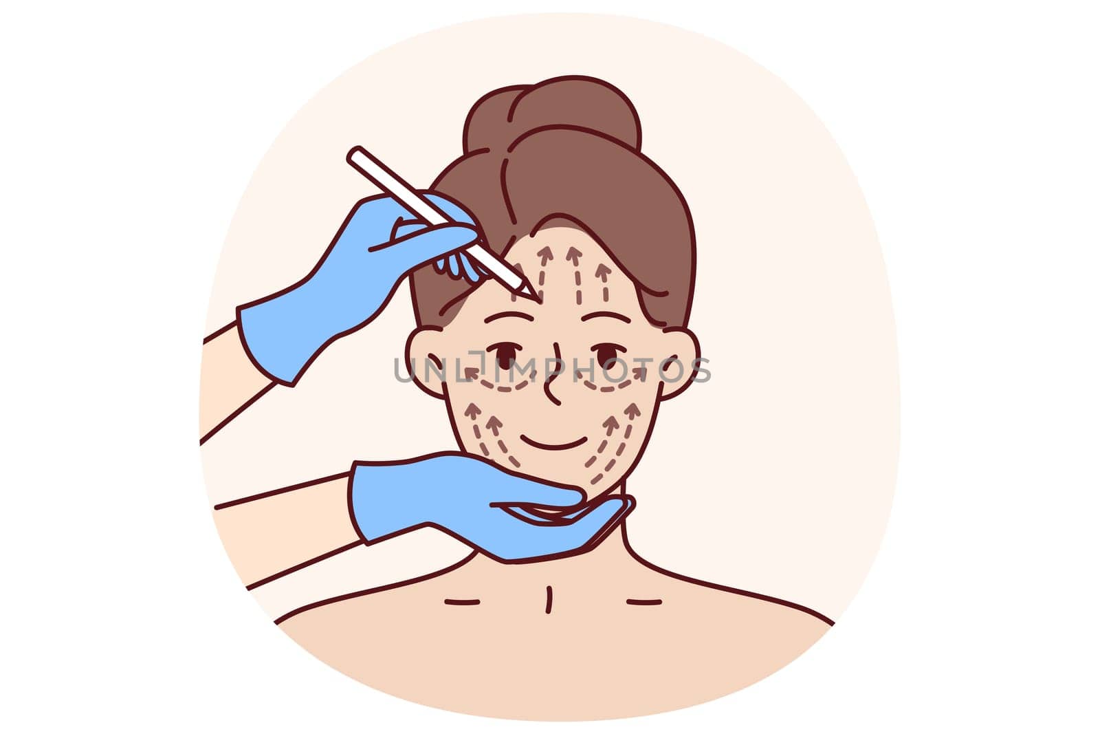 Cosmetic procedure for woman who wants to eliminate wrinkles or lifting problem areas. Doctor hands near millennial girl face during cosmetic procedure and preparation for skin lifting