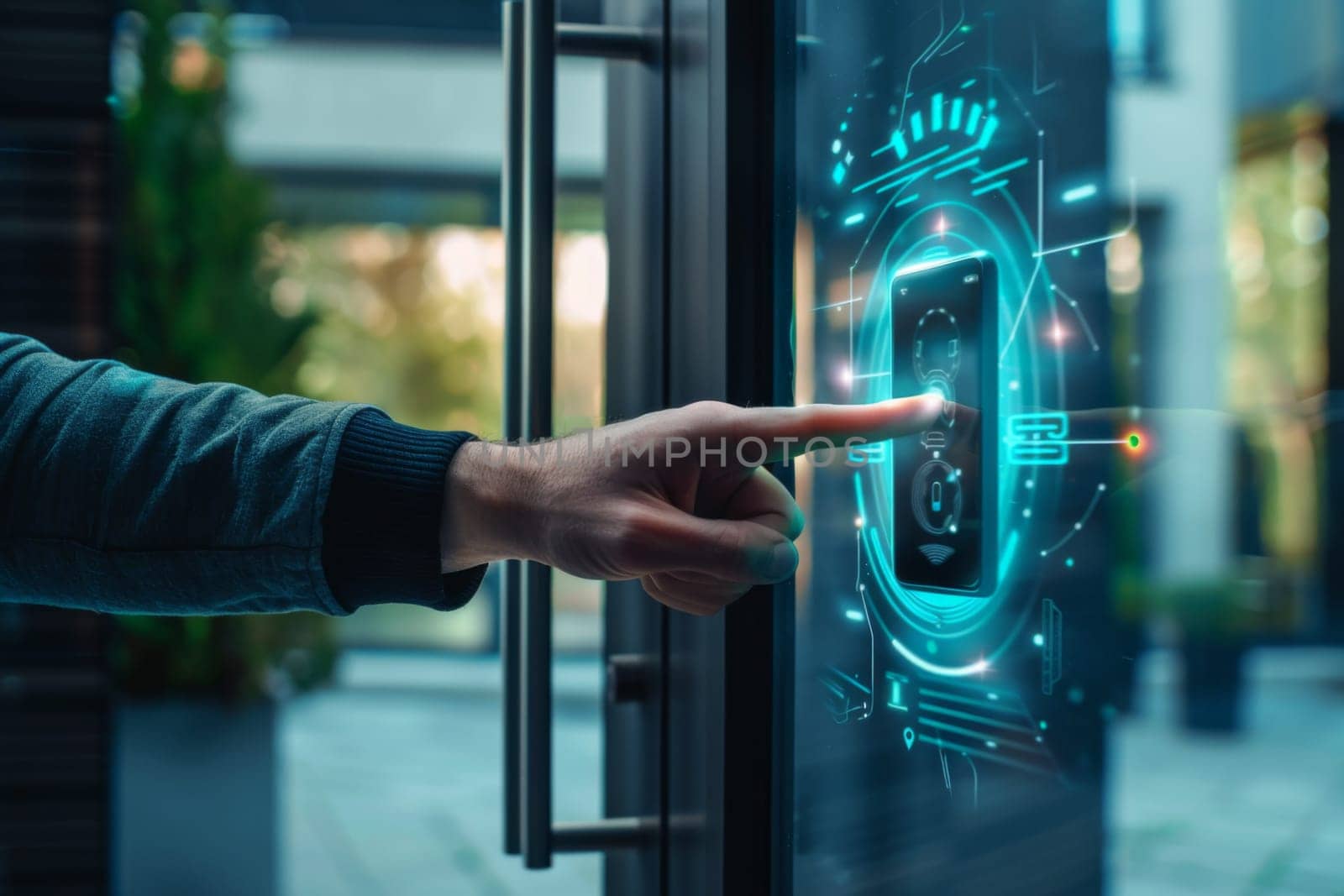 Fingerprint scanning on entrance door representing smart home technology security, AI Generated
