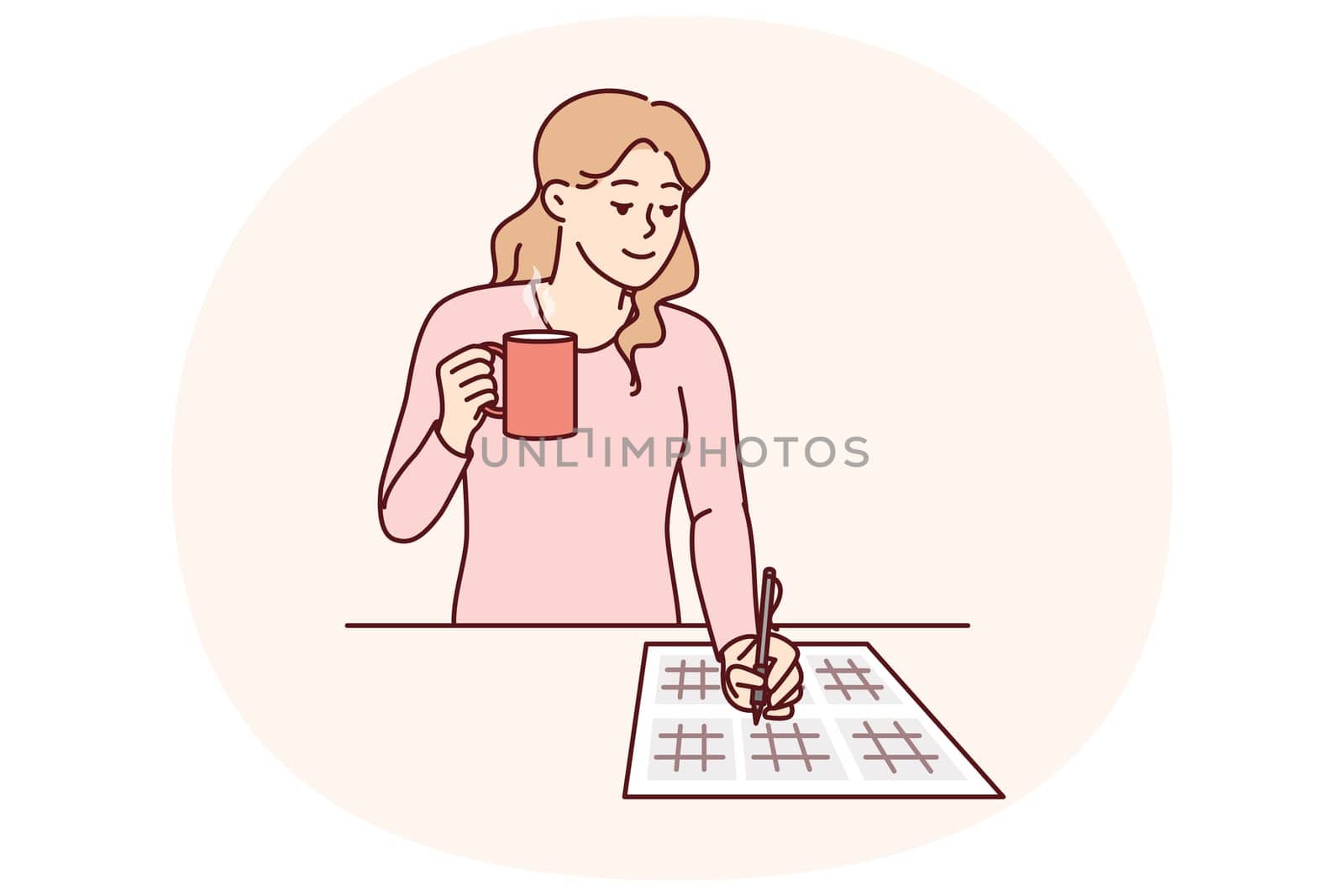 Woman solves sudoku puzzle and drinks hot tea enjoying math brain teasers. Young girl with sudoku puzzles on paper demonstrates high IQ, coping with mathematical examples with ease