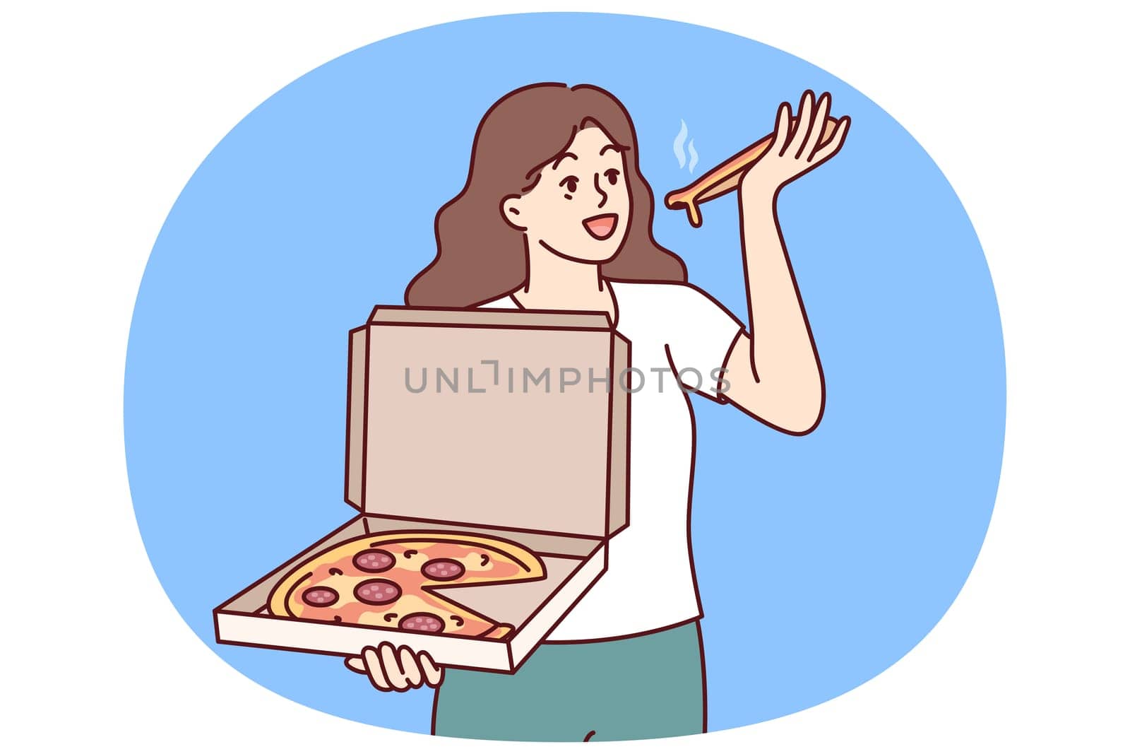 Woman eats pizza and holds box of appetizers from italian restaurant with home delivery. Girl with big pizza bought takeaway lunch in cafe and bites hot slice of thin pepperoni and cheese pie