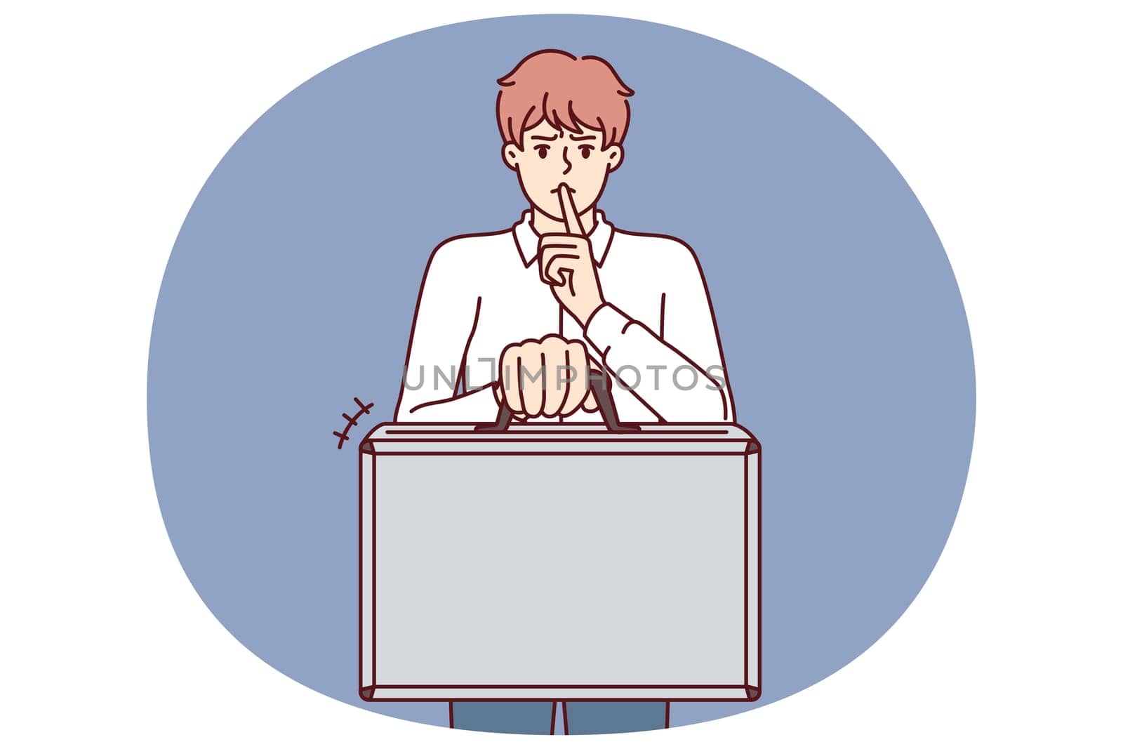 Business man holds suitcase and calls for silence without disclosing terms of contract and NDA rules for company employees. Concept of giving bribe or selling insider information for business purposes