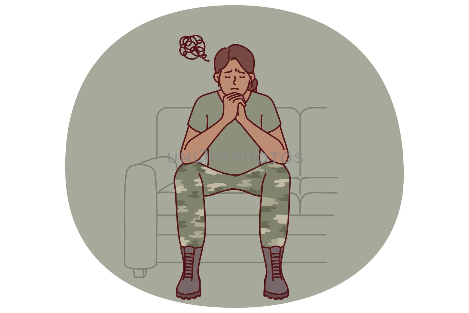 Woman soldier suffers from ptsd caused by bad memories after participating in combat operations. Girl in military uniform of soldier sits on sofa in need of help from army psychologist for veterans