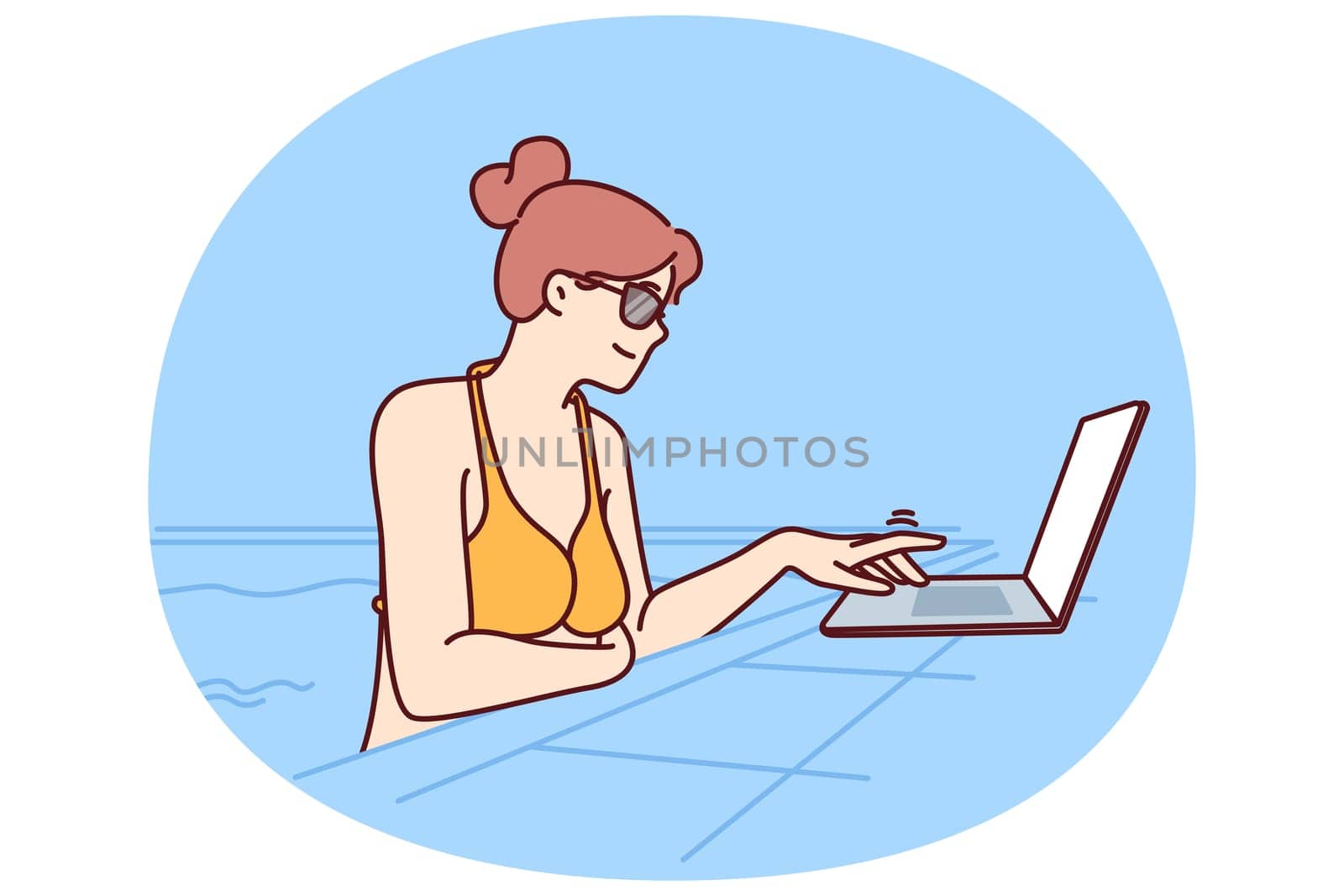 Woman freelancer is swimming in pool and using laptop while doing work over internet. Girl in bikini is using computer while working as freelancer and relaxing on vacation at same time.
