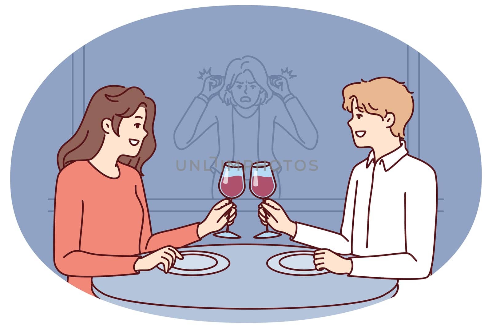 Stalker girl is watching date of former boyfriend drinking wine in restaurant with new girlfriend. Concept of jealousy and surveillance of loved one going on date or betrayal from cheating husband
