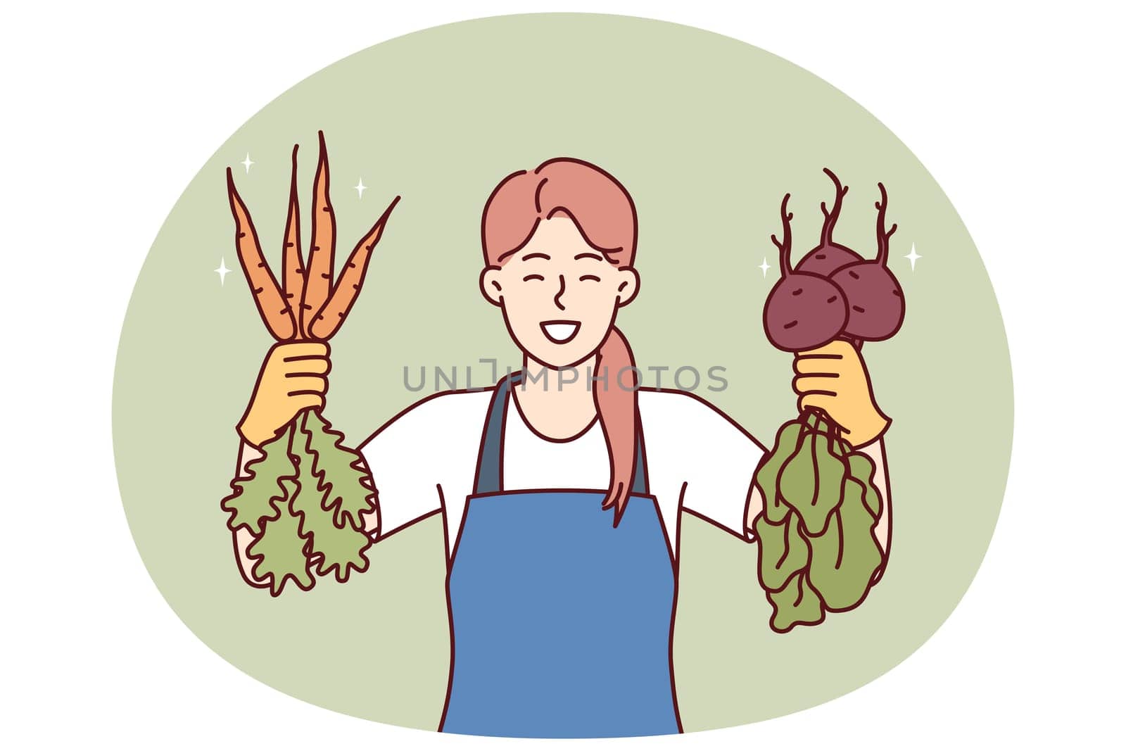 Woman is happy about good harvest of beets and carrots and demonstrates fresh vegetables with useful vitamins and minerals. Girl seller of farmer fair smiles offering to buy delicious vegetables