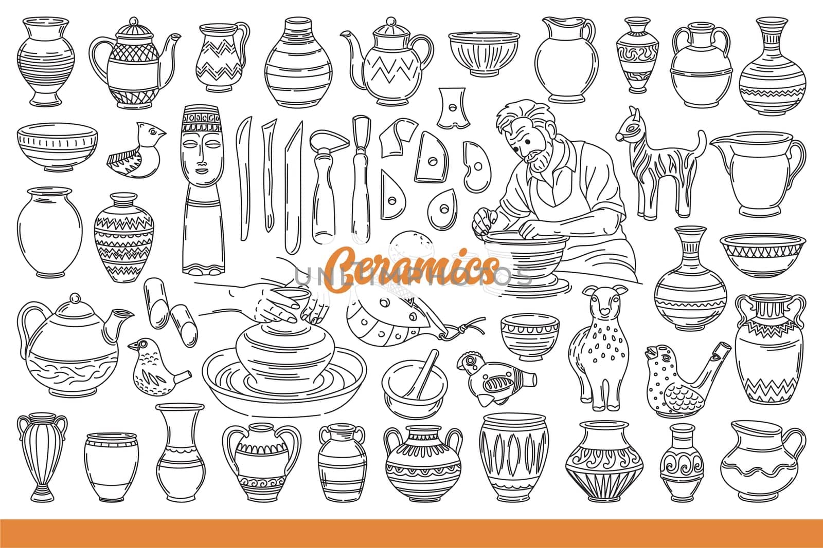 Handmade ceramic dishes, molded from natural clay and decorated by artist. Ceramic cups and teapots or whistles, near tools for professional craftsperson who has created home production. Hand drawn.