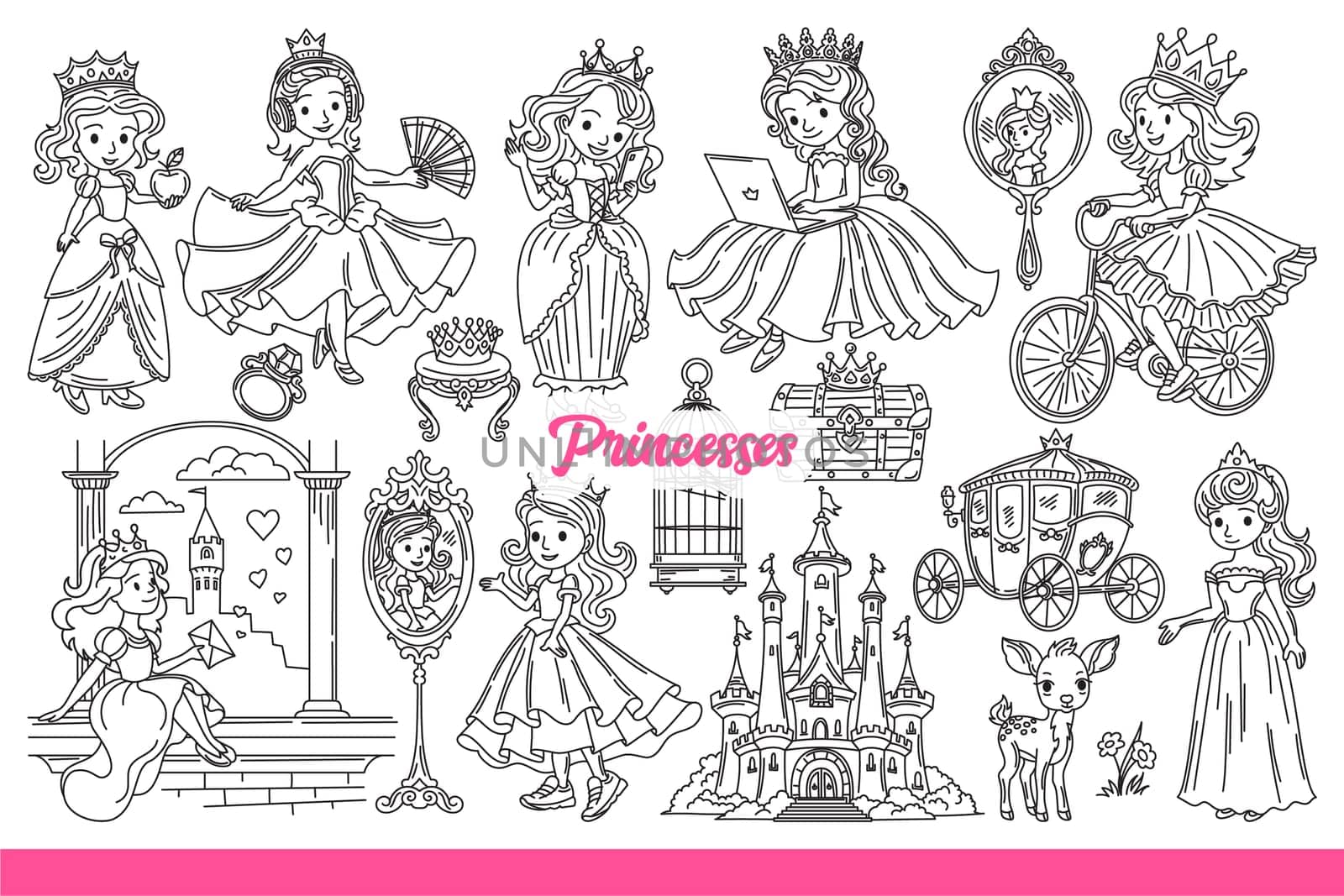 Little princesses in crown and beautiful dress, near fairytale castles or mirrors. Teenage girls playing princesses from children fairy tales and stories about magical land. Hand drawn.
