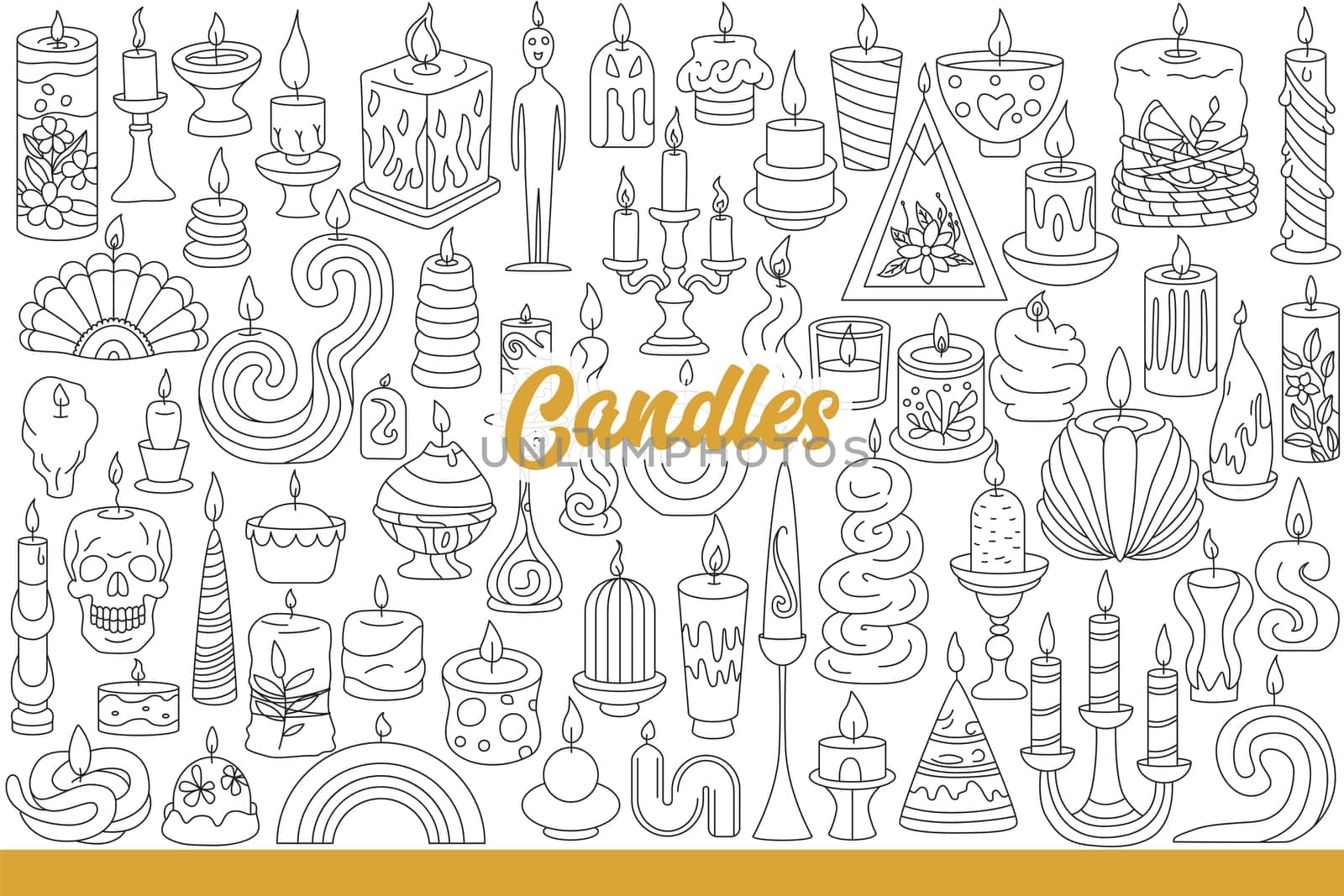 Candles with burning fetil for decorating festive table and creating romantic atmosphere. Flames over candles for religious ritual or aromatherapy and exorcism procedure. Hand drawn.