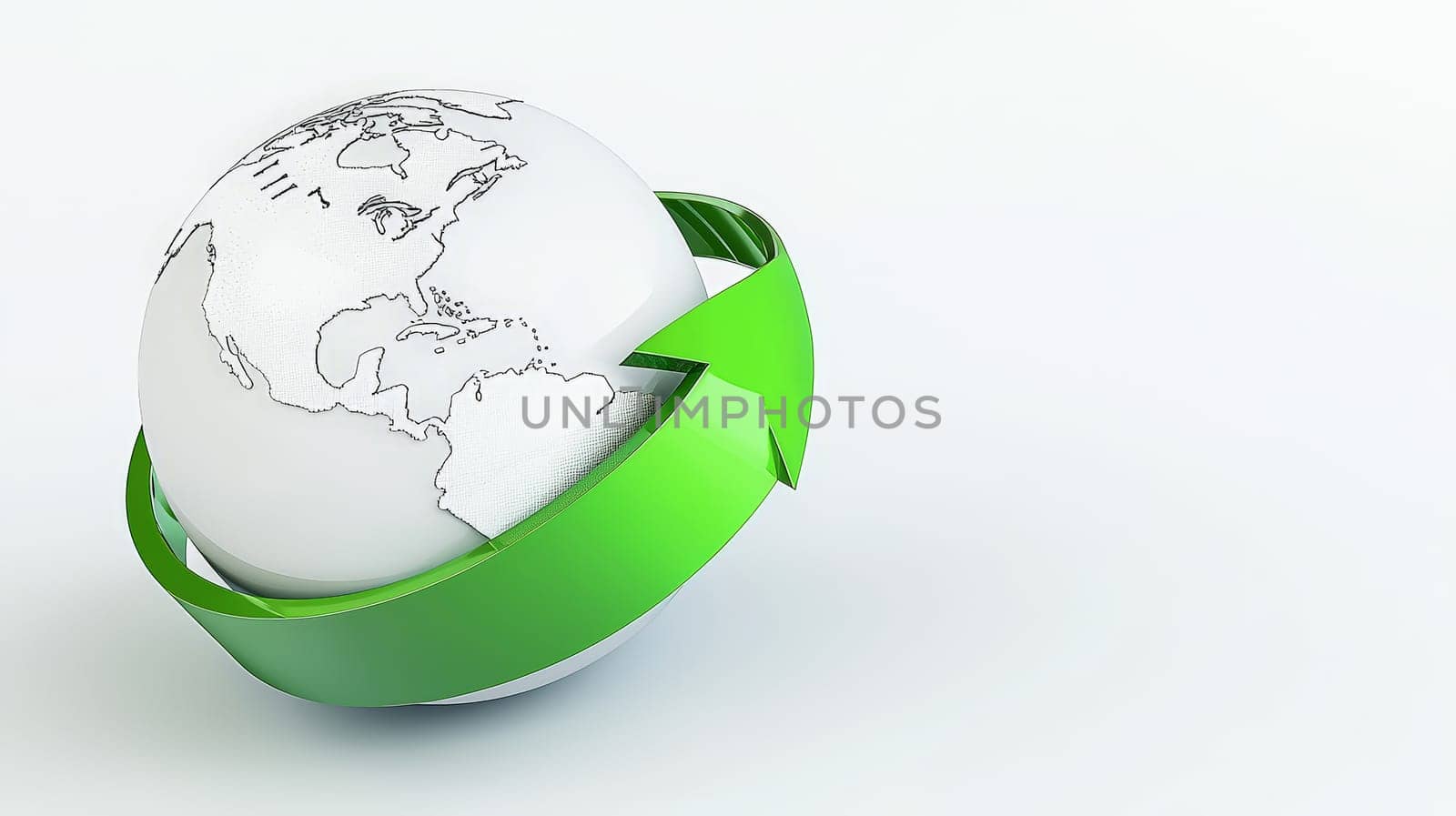 A minimalist 3D rendering of a globe with a vibrant green arrow circling it, symbolizing growth, sustainability, and global connectivity. The clean white background enhances the simplicity and modernity of the design, making it ideal for themes related to progress, eco-friendly initiatives, and global development.