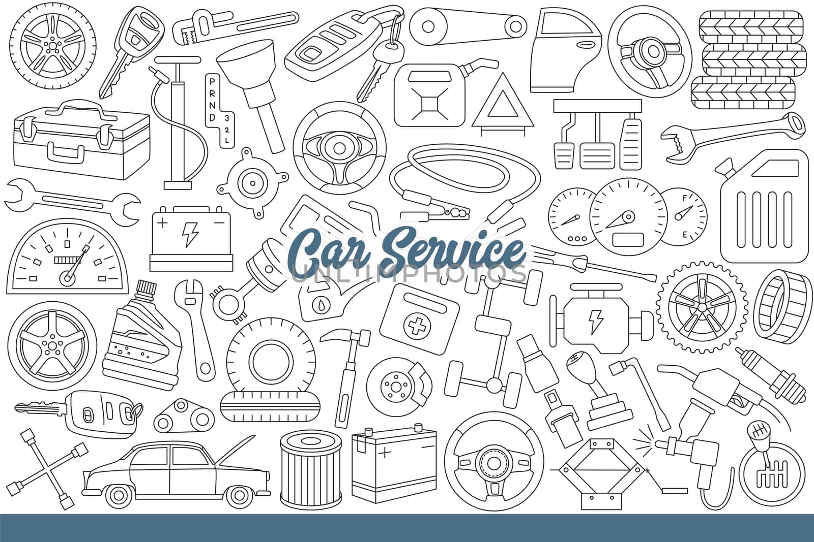 Car service logo among mechanic tools and items from automobiles repair shop. Car service background with oils and wheels from vehicle, or equipment for refueling and battery charging. Hand drawn.
