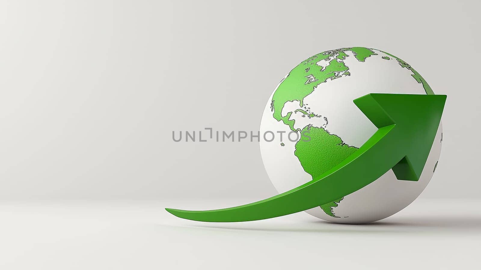 A minimalist 3D rendering of a globe with a vibrant green arrow circling it, symbolizing growth, sustainability, and global connectivity. The clean white background enhances the simplicity and modernity of the design, making it ideal for themes related to progress, eco-friendly initiatives, and global development.