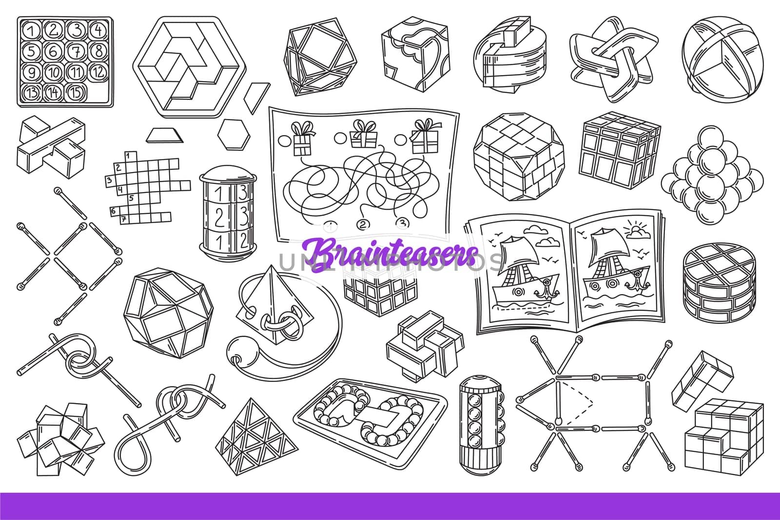 Brainteasers and jigsaw for children games and development of intelligence or logical thinking in kids. Brainteasers inscription near crosswords or puzzles and educational wooden toys. Hand drawn.