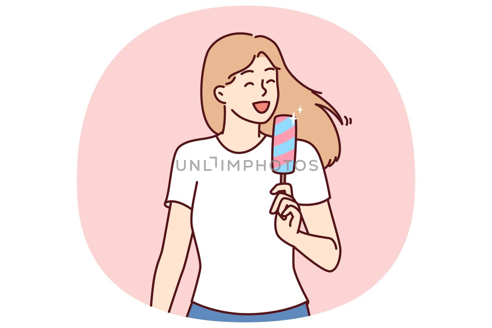 Woman eats ice cream to cool off in hot summer weather and enjoy cold sweet dessert. Young girl in casual clothes holds ice cream and smiles enjoying treat that relieves thirst and hunger.