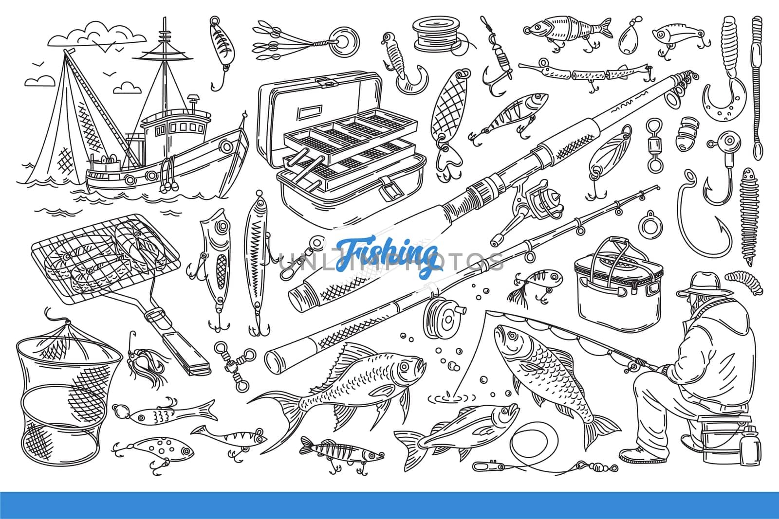 Tools for fishing and seafood production, as hobby or professional activity. Fishing rods and nets for man engaged in fishing near small ship and chest for transporting equipment. Hand drawn.
