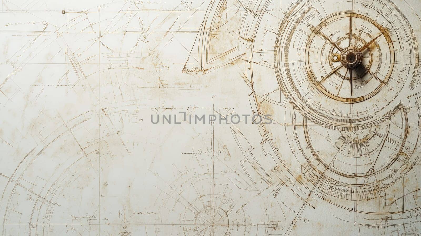 A soft beige and brown-toned vintage blueprint background featuring faint grid lines and intricate mechanical drawings, reminiscent of early 20th-century engineering designs. Old drafting tools, like compasses and rulers, are placed on the paper, evoking a sense of craftsmanship. The subtle wear and tear, combined with atmospheric lighting, adds a nostalgic touch to this historical engineering design.