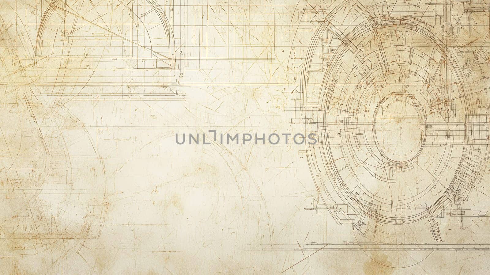 A soft beige and brown-toned vintage blueprint background featuring faint grid lines and intricate mechanical drawings, reminiscent of early 20th-century engineering designs. Old drafting tools, like compasses and rulers, are placed on the paper, evoking a sense of craftsmanship. The subtle wear and tear, combined with atmospheric lighting, adds a nostalgic touch to this historical engineering design.