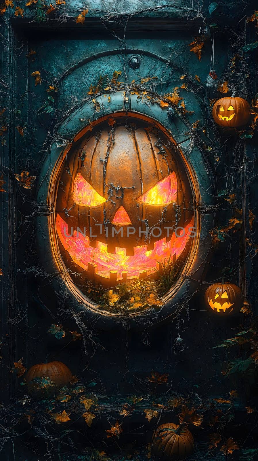 A carved pumpkin with a spooky face glows from within a dark wooden door, surrounded by autumn leaves. The scene is perfect for a Halloween celebration or decoration.