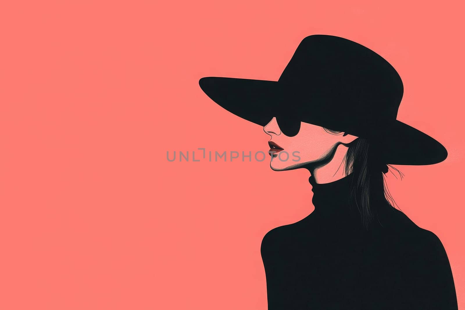 A fashionable illustration captures a woman wearing a wide-brimmed hat and oversized sunglasses. She exudes elegance while set against a soft coral background, highlighting her minimalist style.