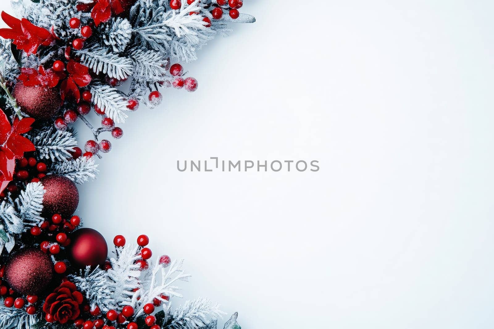 This decorative wreath features vibrant red ornaments, berries, and frosted greenery, perfect for enhancing the holiday spirit in any home. The clean background highlights its festive charm.