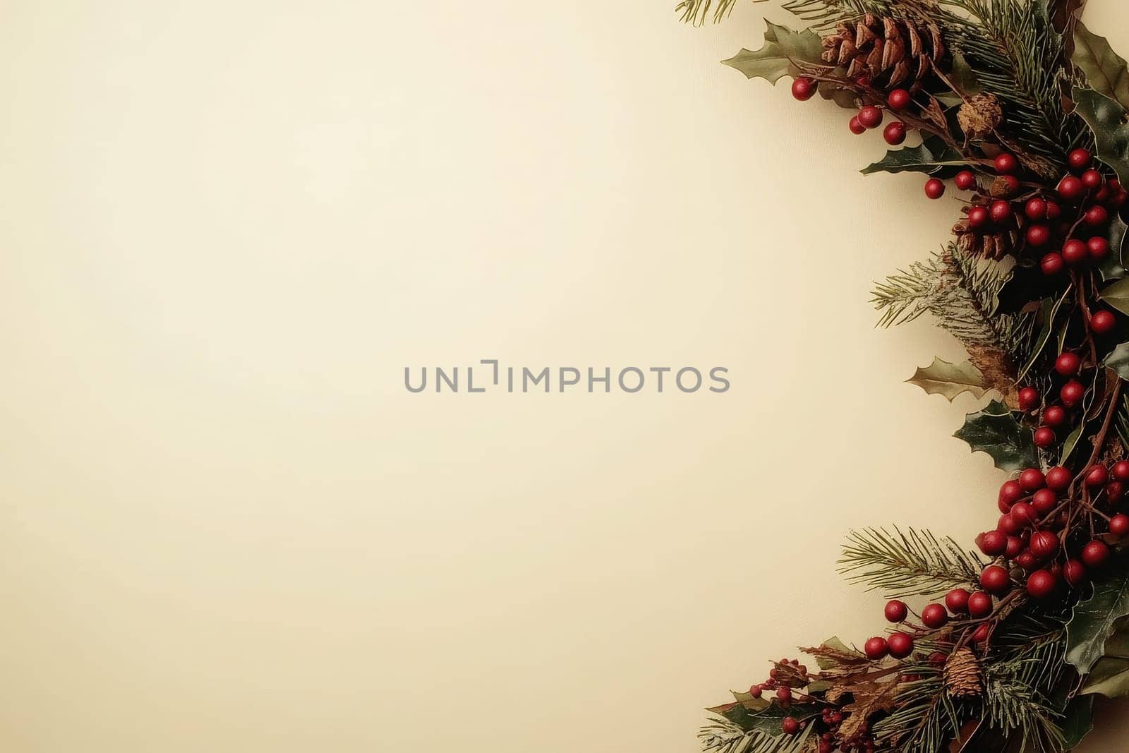 A beautifully arranged festive wreath features pine cones, red berries, and pine needles against a smooth, solid background, creating an inviting atmosphere for holiday celebrations and decorations.