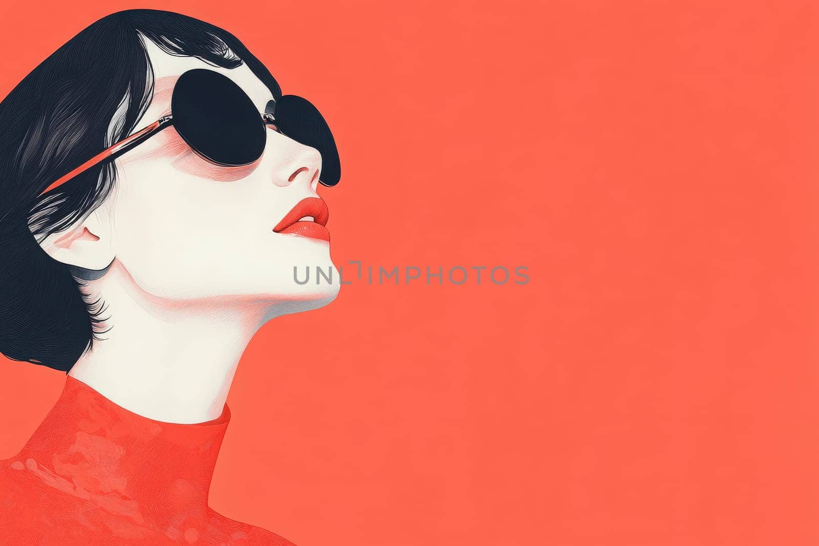 This artwork showcases a stylish woman with dark hair and bold red lips, wearing oversized sunglasses. The minimalistic design emphasizes her fashionable look against a striking coral backdrop.