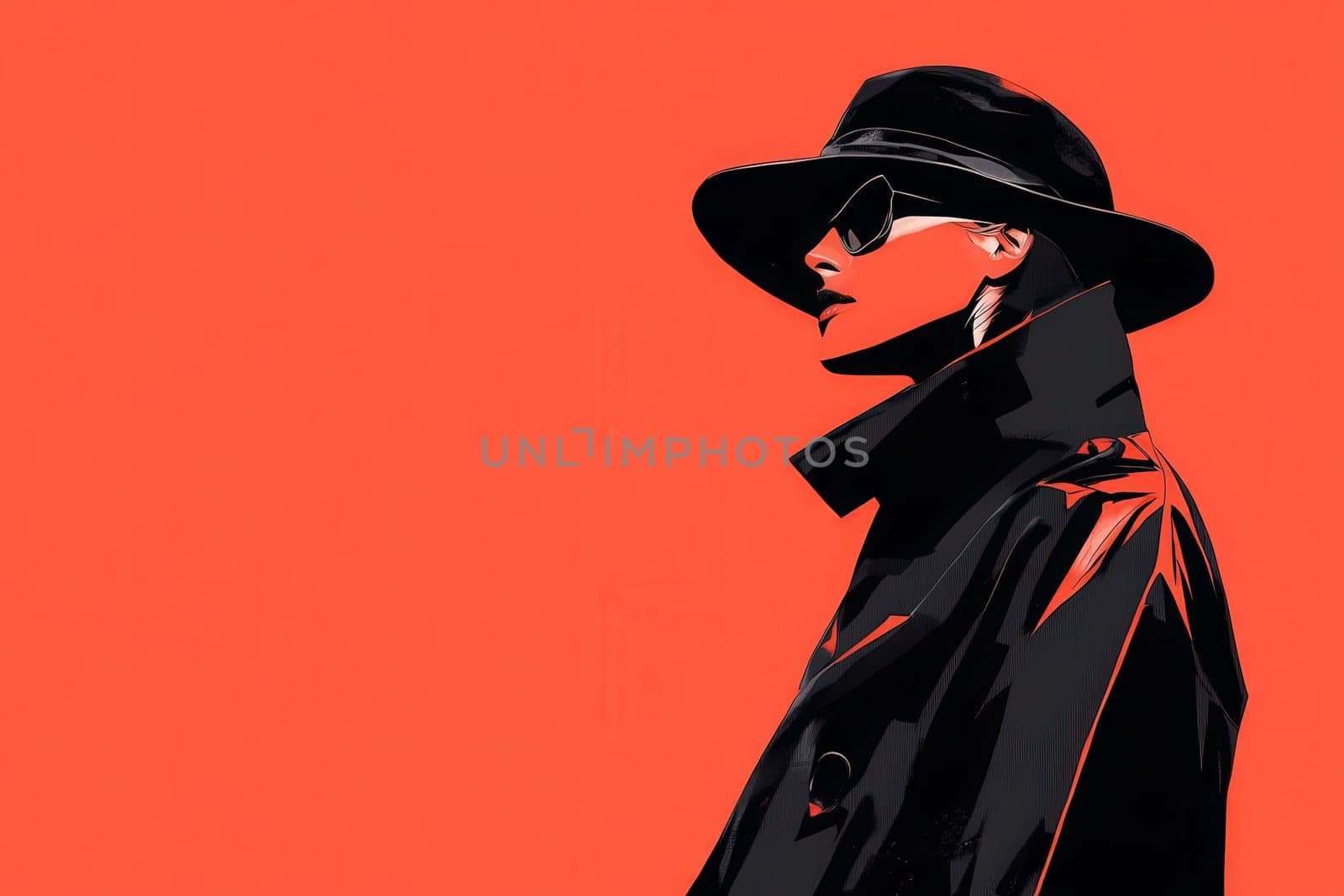 A striking fashion illustration showcases a confident model wearing a trench coat and sunglasses. The bold red background enhances the minimalist design, emphasizing elegance and style.