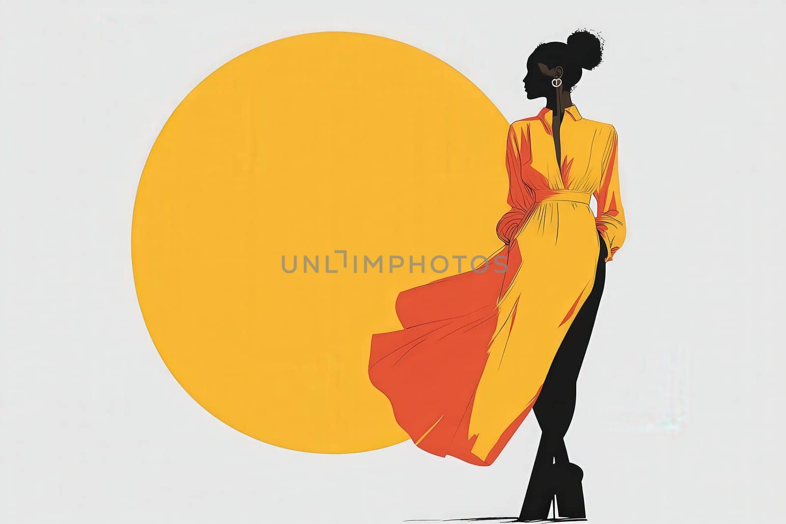 A fashion-forward silhouette showcases an elegant long dress with flowing elements, set against a striking yellow background, embodying minimalist design.